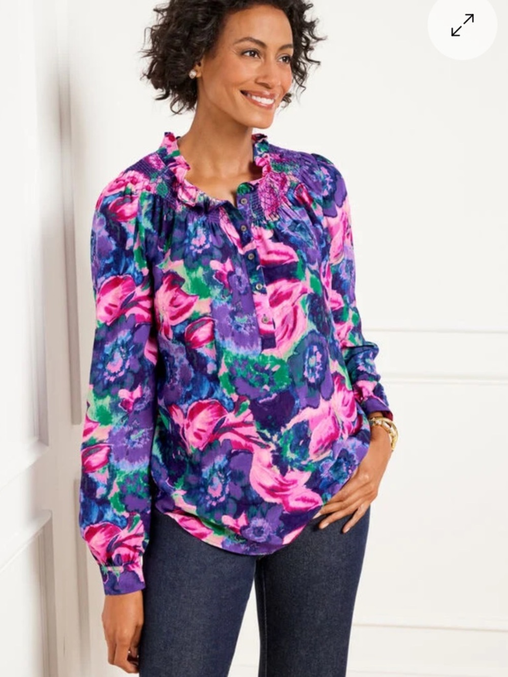 Talbots SMOCKED RUFFLE NECK TOP - DELICATE FLORAL XL